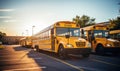 Row of Yellow School Buses Parked in Parking Lot Royalty Free Stock Photo