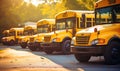 Row of Yellow School Buses Parked in a Parking Lot