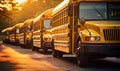 Row of Yellow School Buses Parked by Road Royalty Free Stock Photo