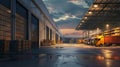 Row of Yellow Trucks Parked in Front of Warehouse Royalty Free Stock Photo