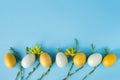 Row of yellow and white eggs decorated with willow branches and flowers on a pastel blue background, Easter decor.