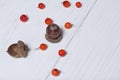 Rowan berries and several acorns lie on a white painted wooden surface