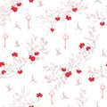 Rowanberry tree, birds and dangling keys seamless vector print. Royalty Free Stock Photo