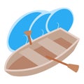 Rowboat icon isometric vector. Wooden fishing boat with paddle and sea wave icon