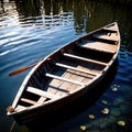 Rowboat, old traditional wooden rowing boat for transport on pond or river