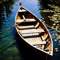 Rowboat, old traditional wooden rowing boat for transport on pond or river