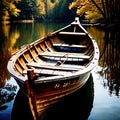 Rowboat, old traditional wooden rowing boat for transport on pond or river