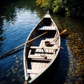 Rowboat, old traditional wooden rowing boat for transport on pond or river