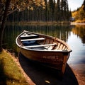 Rowboat, old traditional wooden rowing boat for transport on pond or river