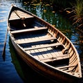 Rowboat, old traditional wooden rowing boat for transport on pond or river