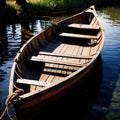 Rowboat, old traditional wooden rowing boat for transport on pond or river