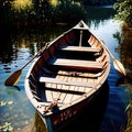 Rowboat, old traditional wooden rowing boat for transport on pond or river