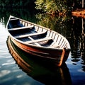 Rowboat, old traditional wooden rowing boat for transport on pond or river