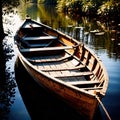 Rowboat, old traditional wooden rowing boat for transport on pond or river