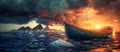 Rowboat on Stormy Ocean at Sunset. Generative ai Royalty Free Stock Photo