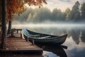 Rowboat tied to dock at tranquil lakeside. Generative AI