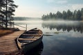 Rowboat tied to dock at tranquil lakeside. Generative AI Royalty Free Stock Photo