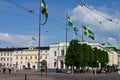 RowBycicles parked in the Gustaf Adolf square and the historical bourse building, Gothenburg, Sweden Royalty Free Stock Photo