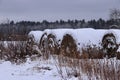 A Rowe of hey bales under snow cover Royalty Free Stock Photo