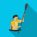 Rower in a boat with a paddle in hand down to the baydak on the wild river.Olympic sports single icon in flat style
