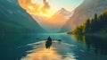 Rower in an idyllic lake in the alpine mountains during summer and autumn