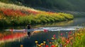 A rowing athlete training in a serene countryside setting, rows of vibrant flowers lining the riverbanks, AI generated Royalty Free Stock Photo