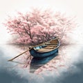 rowing boat with oar moving through the calm waters of a river Royalty Free Stock Photo