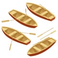 Rowing boat set. Wooden boat with paddles isolated over white. Flat 3d isometric vector illustration.