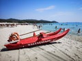 Rowing boat used for rescue on the sandy beach Royalty Free Stock Photo