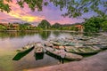 Rowing boat Waiting for passengers at sunrise,Hoa Lu Tam Coc,Hoi An Ancient Town,Vietnam.