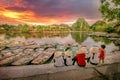 Rowing boat Waiting for passengers at sunrise,Hoa Lu Tam Coc,Hoi An Ancient Town,Vietnam.