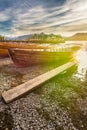 Rowing Boats At Keswick Boat Landings With Sun Flare Lens Distortions. Royalty Free Stock Photo