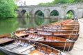 Rowing boats lined up on the Wear river in the city centre of Durham