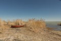 Rowing boats in the reeds. Wooden boat on the grassy shore of the Aral sea on a summer day Royalty Free Stock Photo