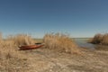 Rowing boats in the reeds. Wooden boat on the grassy shore of the Aral sea on a summer day Royalty Free Stock Photo