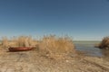 Rowing boats in the reeds. Wooden boat on the grassy shore of the Aral sea on a summer day Royalty Free Stock Photo