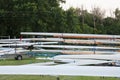 Rowing boats, Sweep oar style, being stored and maintained at sunset, near the Palic lake, in northern Serbia. Royalty Free Stock Photo