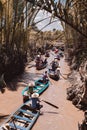 Rowing boats with tourists flowing down mangroves at Mekong Delta