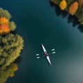 rowing on a calm lake in aerial view only small boat visible with serene water around vertical banner with copy space for