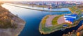 Rowing canal lit with bright sun. Panorama aerial