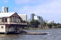 Rowing Club House at the Swan River in front of the city skyline in Perth, Western Australia Royalty Free Stock Photo