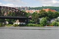 Rowing Eights on Vltava River by Vysehrad Railway Bridge Prague Czech Republic