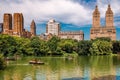 Rowing in the Lake of the Central Park with the Upper West Side Manhattan skyline in the Royalty Free Stock Photo