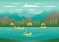 Rowing, sailing in boats as a sport or form of recreation vector flat illustration. Boating fun for all the family outdoors.