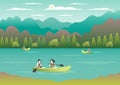 Rowing, sailing in boats as a sport or form of recreation vector flat illustration. Boating fun for all the family outdoors.