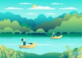 Rowing, sailing in boats as a sport or form of recreation vector flat illustration. Boating fun for all the family outdoors.