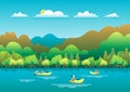 Rowing, sailing in boats as a sport or form of recreation vector flat illustration. Boating fun for all the family outdoors.