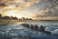 Rowing team practicing on a river at sunset with dramatic clouds in the background Royalty Free Stock Photo
