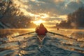 A rowing team racing on the water. Generative AI. Royalty Free Stock Photo