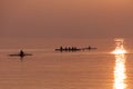 Rowing Team Training with Trainer over Shimmering Lake at Sunset Royalty Free Stock Photo